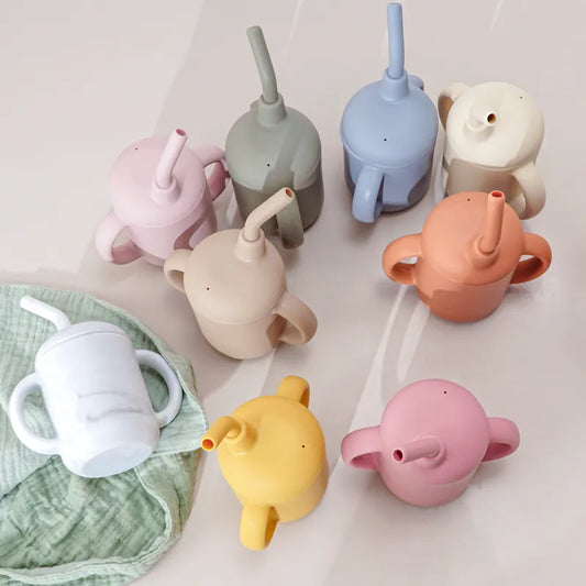 Red foldable silicone straw cup for kids, leakproof, perfect for travel & toddlers