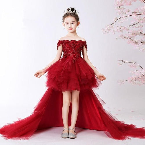 Red Girls' Trailing Flower Princess Tutu Dress with full skirt, perfect for parties.