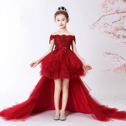 Red Girls' Trailing Flower Princess Tutu Dress with full skirt, perfect for parties.
