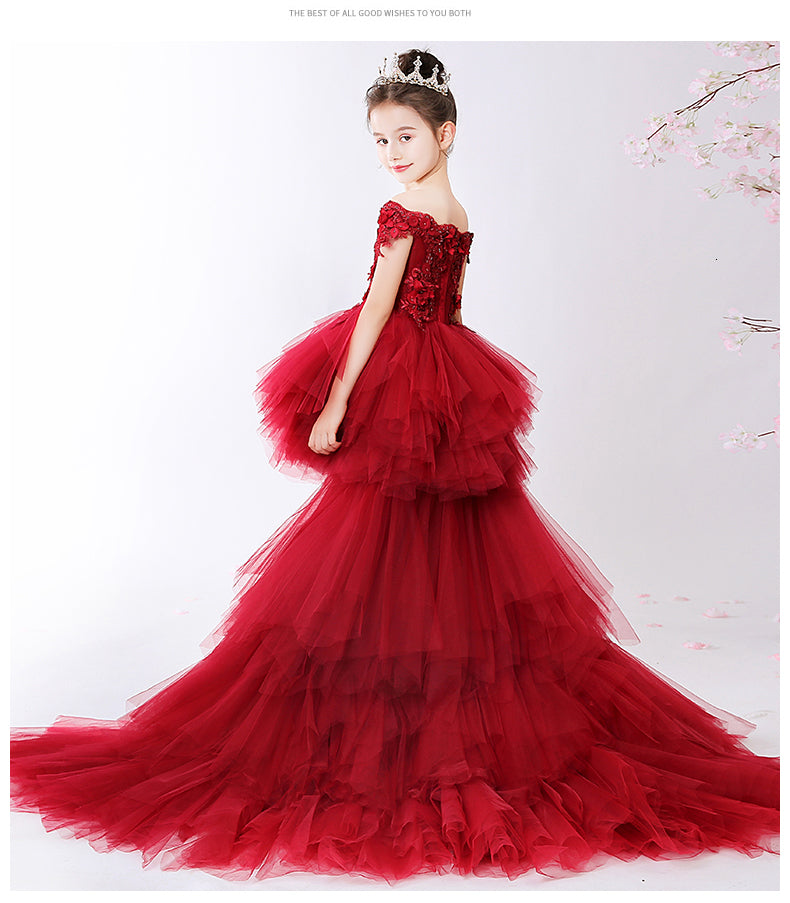 Kids fashion red princess tutu gown with intricate floral details, ideal for toddlers.