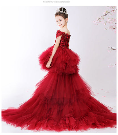 Kids fashion red princess tutu gown with intricate floral details, ideal for toddlers.
