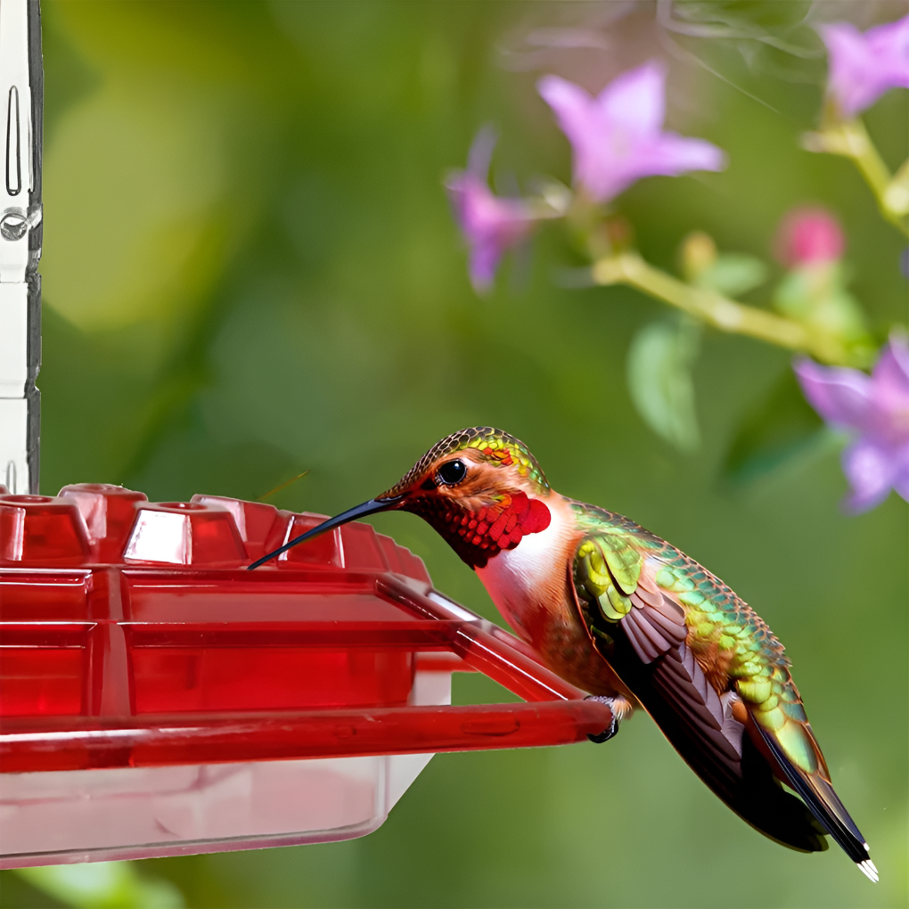 Red hummingbird feeder with built-in ant moat & bee guard. Attracts backyard birds. Durable garden decor.