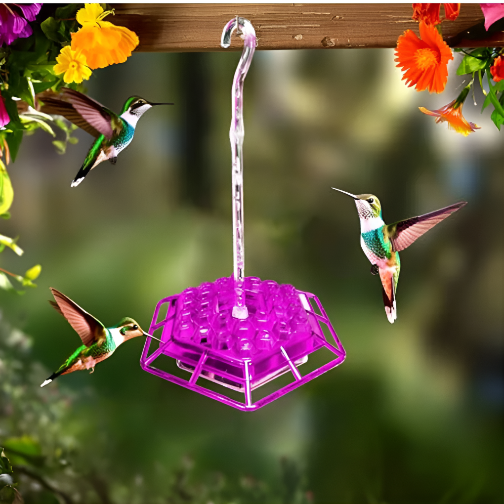 Close-up of red hummingbird feeder. Ant moat & bee guard protect nectar for happy backyard hummingbirds.