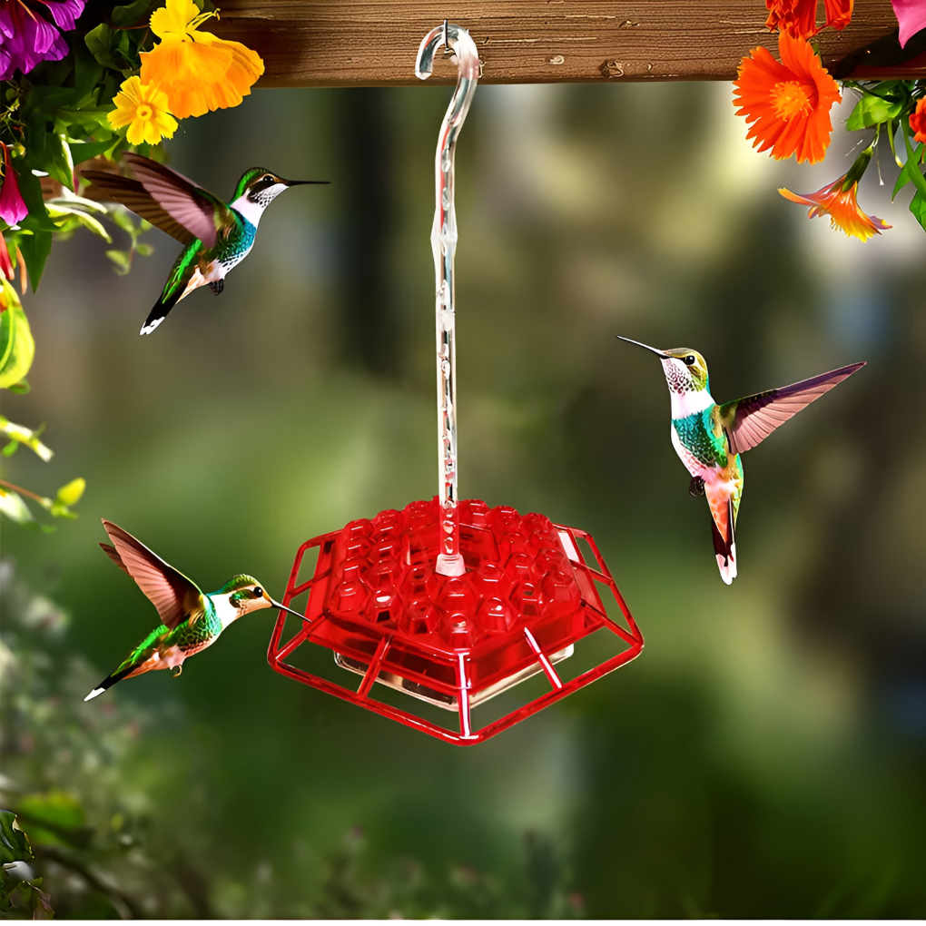 Vibrant red hummingbird feeder. Garden decor for attracting wildlife. Features ant moat, bee guard.
