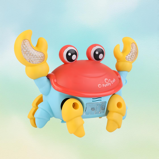 Red interactive musical moving crab toy for babies, with big eyes and waving claws, on a white background