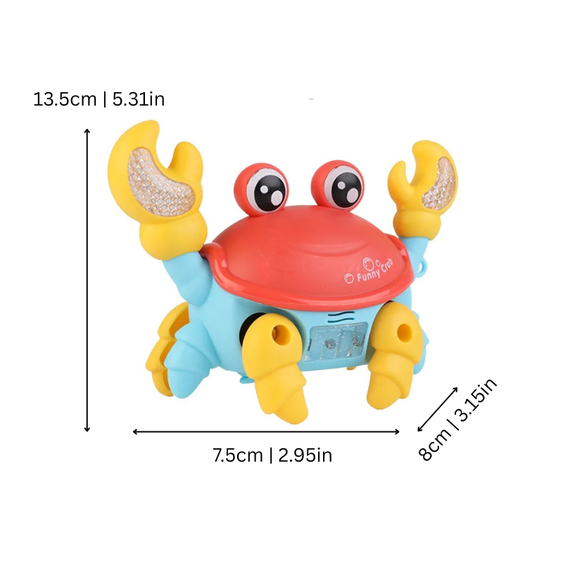 Toddler reaching for a cute red musical crab toy that moves across the floor, encouraging crawling