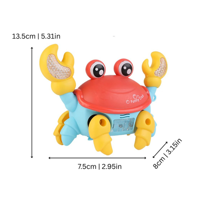 Toddler reaching for a cute red musical crab toy that moves across the floor, encouraging crawling