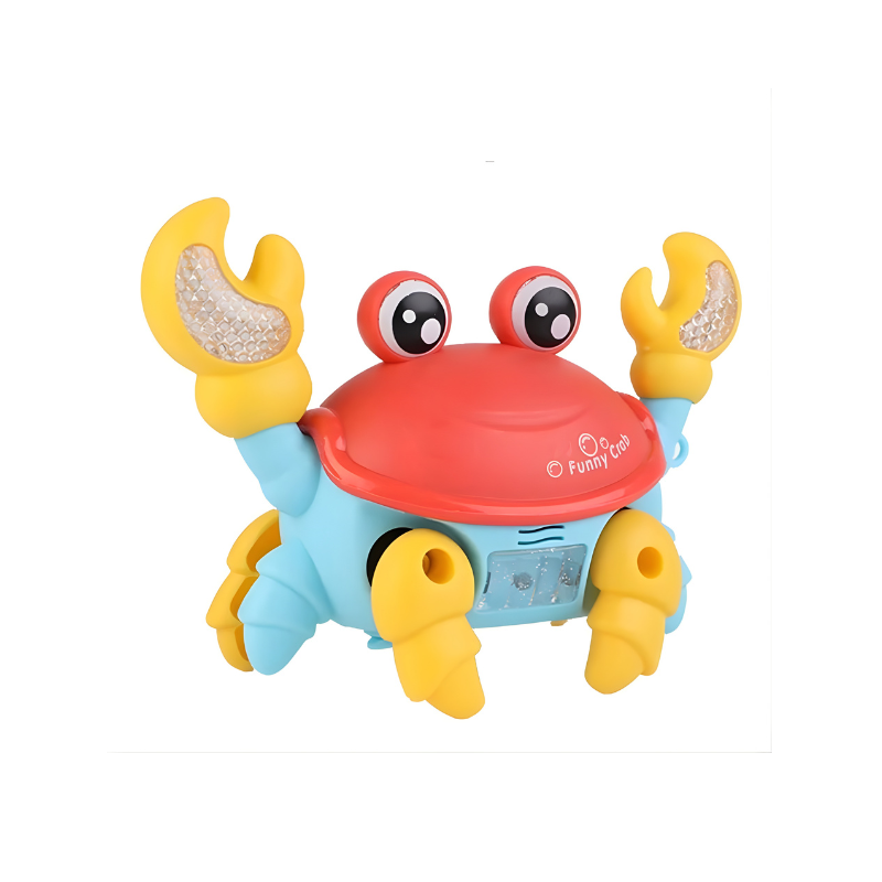 Close-up of the musical moving crab toy's face, showing its friendly design and light-up features