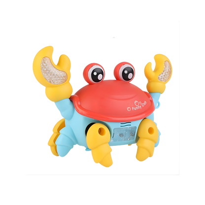 Close-up of the musical moving crab toy's face, showing its friendly design and light-up features
