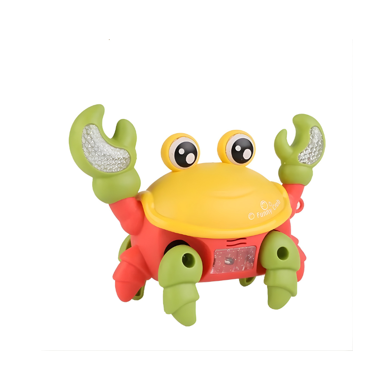Bright red interactive crab toy, ideal for baby tummy time, with lights and sounds