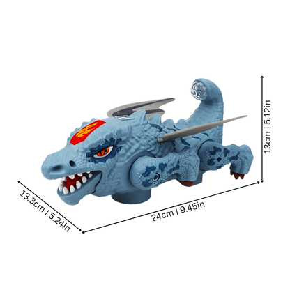 Electronic dragon toy performing stunts, designed for toddlers and children, featuring vivid lights and sounds.