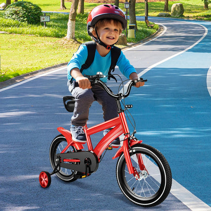 Red kids' 14-inch balance bike with training wheels, perfect for toddlers aged 2-4, on a sunny outdoor path.