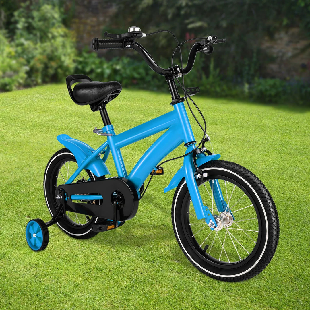 Blue childrens bicycle for ages 2-4, featuring training wheels and an adjustable seat for first time riders.