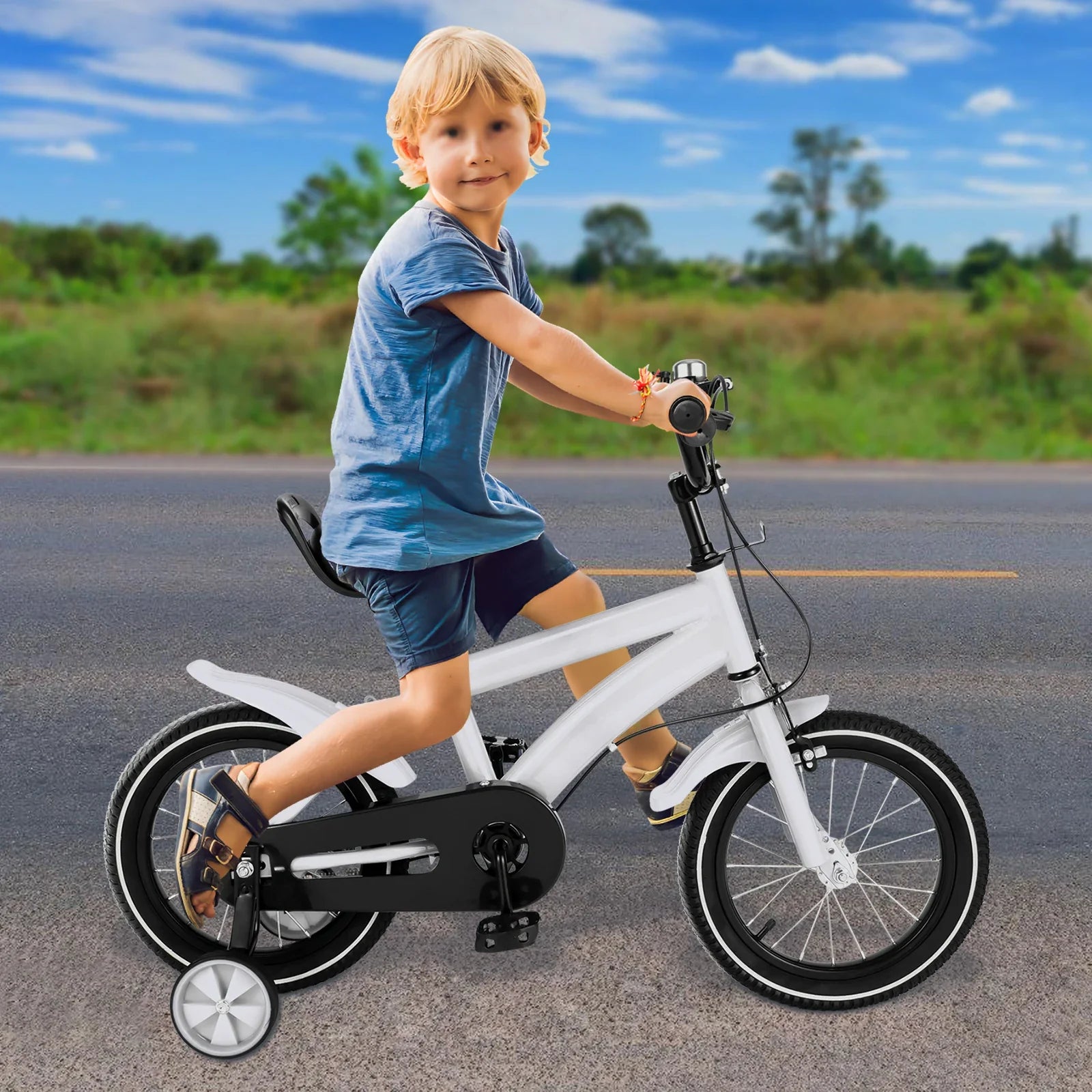 Yellow toddler bike with easy-grip handlebars and safety training wheels, designed for kids aged 2 to 4.