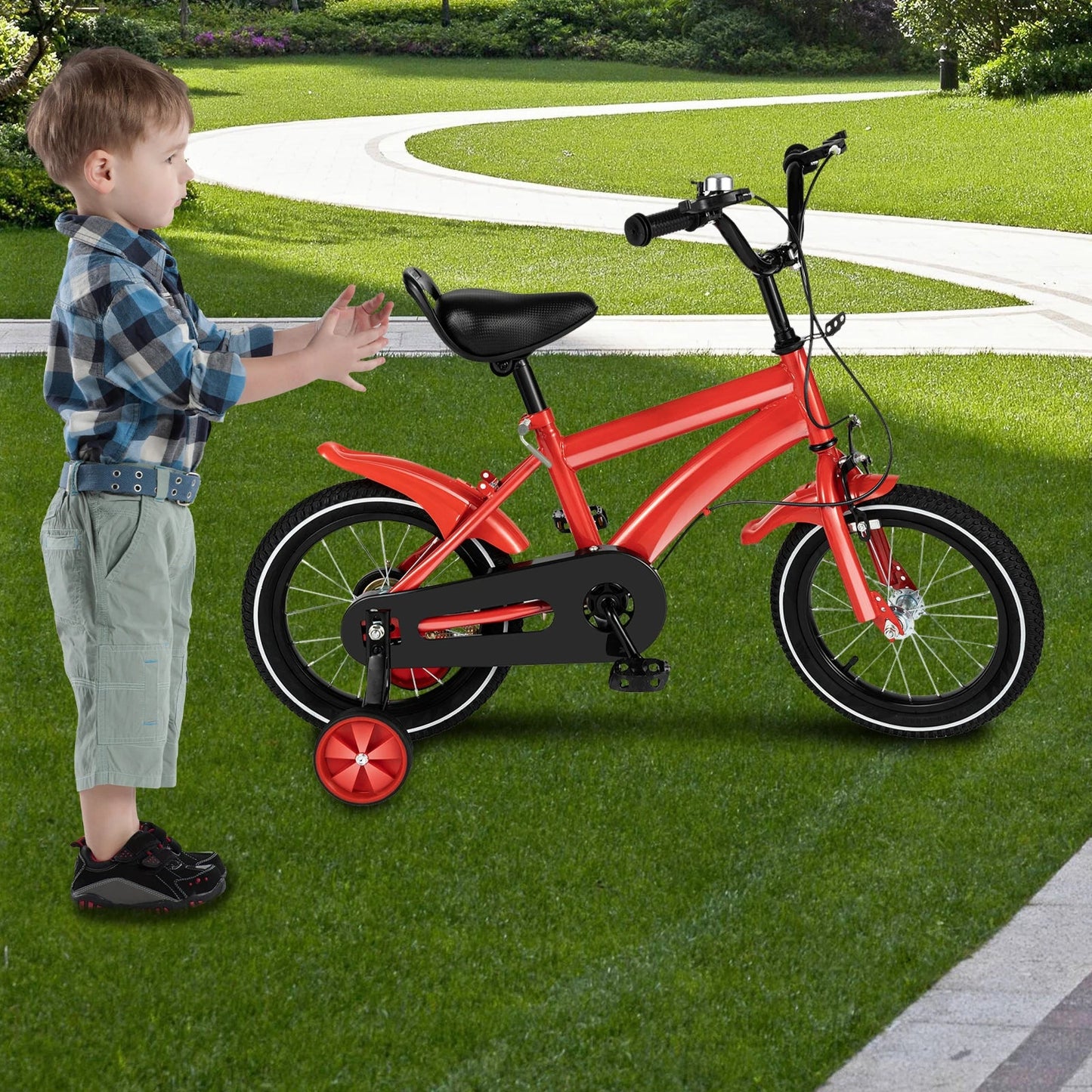 Green boys' balance bike with removable training wheels, ideal for developing coordination in young children.