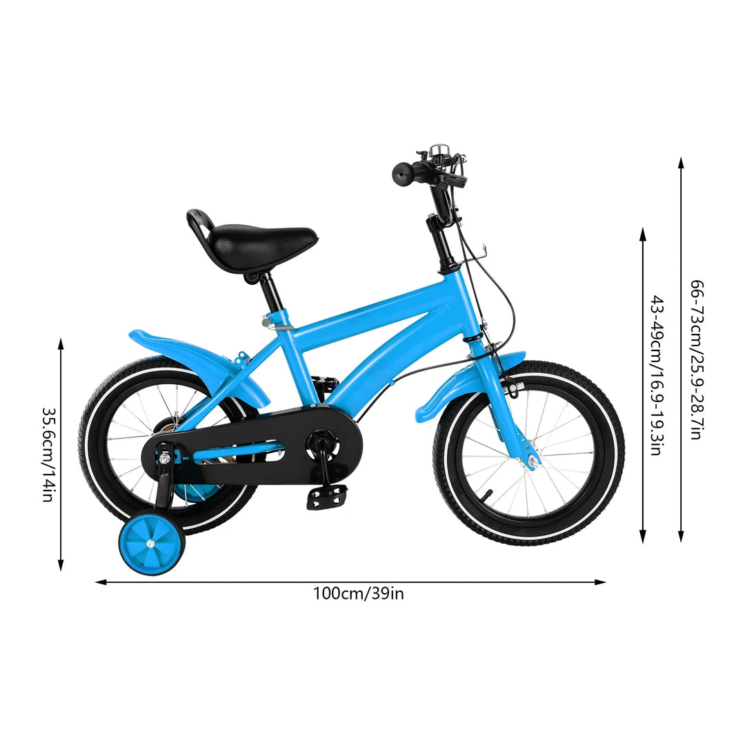 Purple girls' 14-inch first bike with comfortable adjustable seat and stable training wheels for ages 2-4.