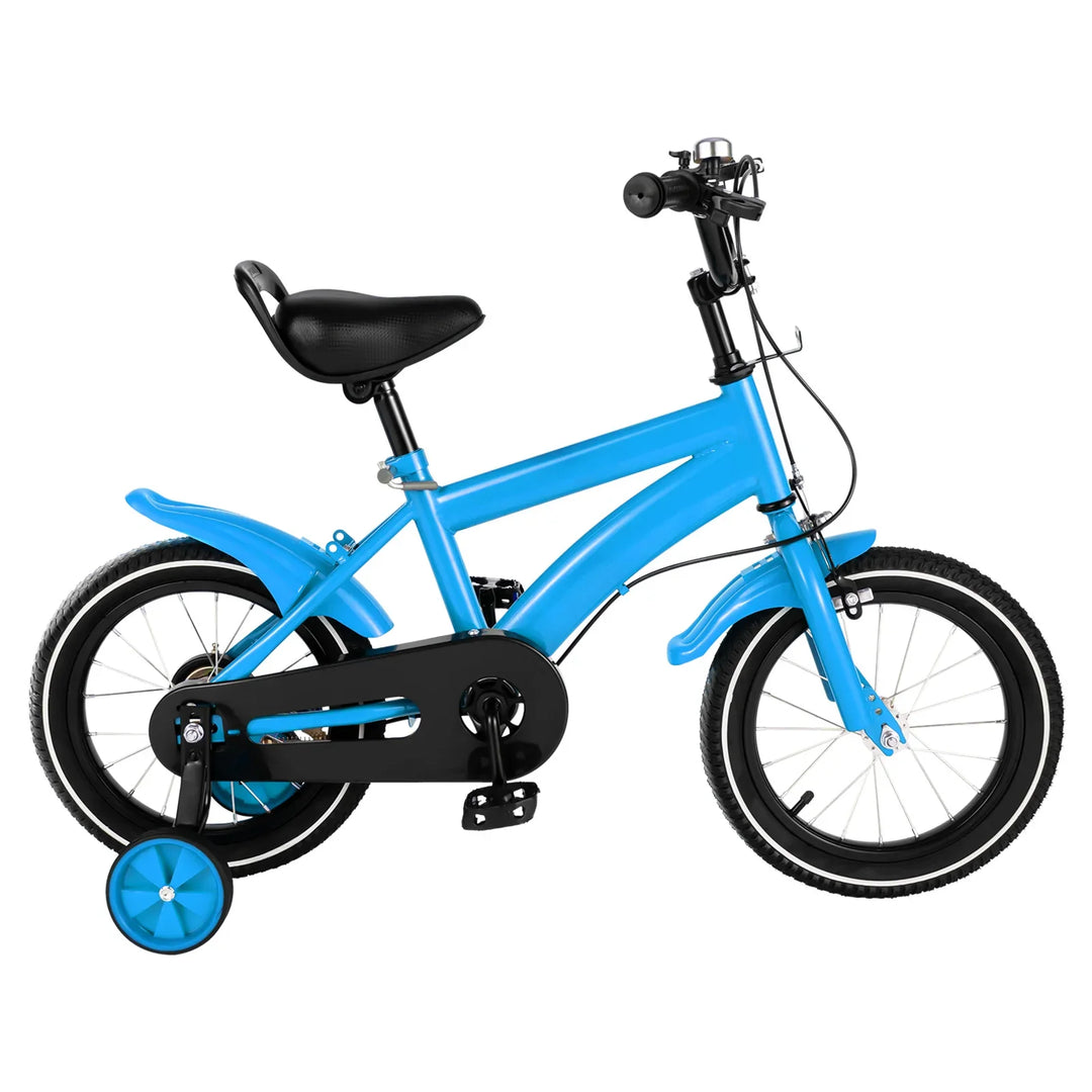 Front view of a robust 14-inch kids' balance bike with training wheels, ready for outdoor play by ages 2-4.