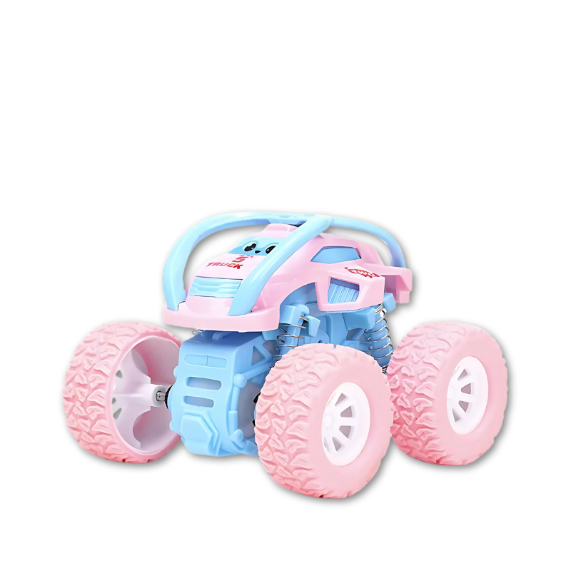 Close-up of a vibrant kid's 360 spinning push & go monster truck toy, rugged off-road design