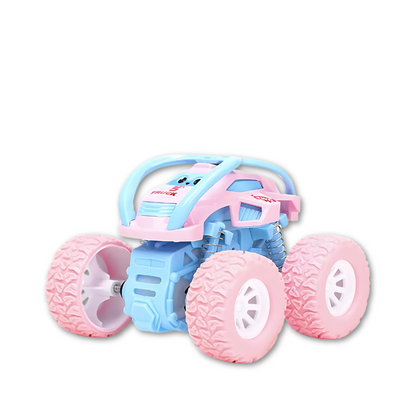 Close-up of a vibrant kid's 360 spinning push & go monster truck toy, rugged off-road design