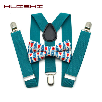 Blue kids' adjustable bow tie and suspenders set, perfect for boys' or girls' formal outfits