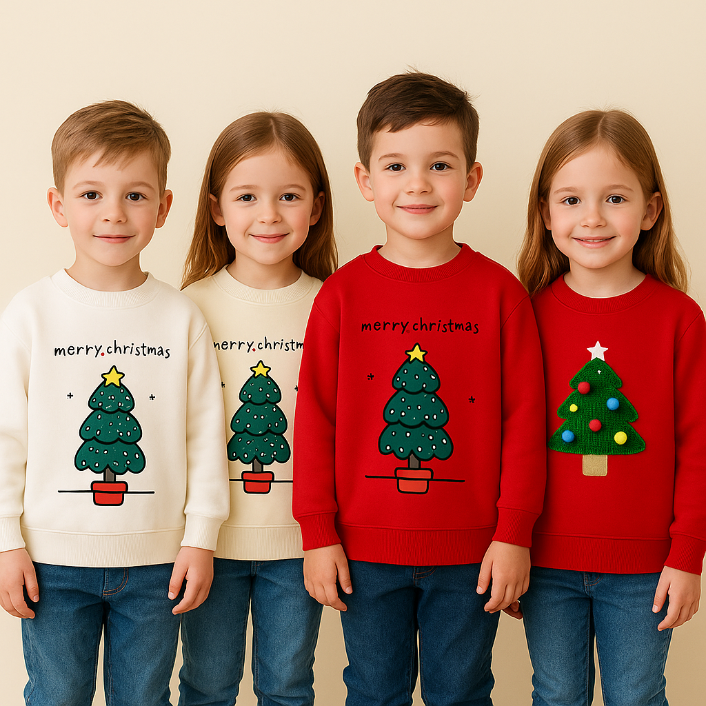 Red kids' Christmas tree sweater, cozy cotton blend, ideal for festive toddler holiday wear.