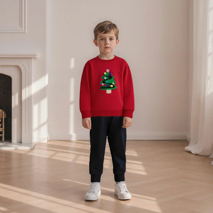 Soft red cotton blended kids' Christmas tree sweater, comfortable and festive children's clothing.