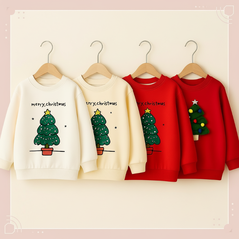 Embroidered red Christmas tree sweater for children, soft winter pullover, comfortable kid's apparel.