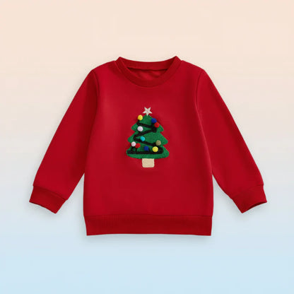 Festive red kids' sweater with a green Christmas tree design, perfect holiday top for youngsters.