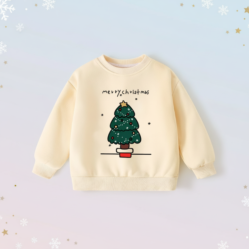 Cozy red cotton blend Christmas sweater for kids, featuring a vibrant embroidered tree, winter clothing.