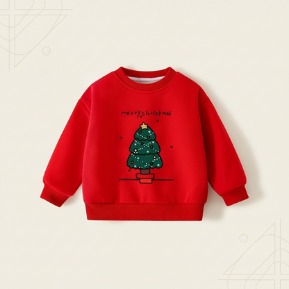Childrens red Christmas tree pullover, warm and stylish kids' holiday apparel, durable cotton blend.