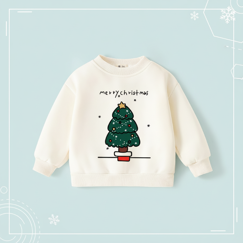 Red long-sleeved kids' sweater with an embroidered Christmas tree, comfortable children's winter clothing.