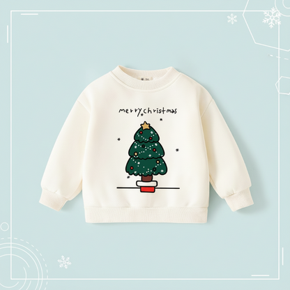 Red long-sleeved kids' sweater with an embroidered Christmas tree, comfortable children's winter clothing.