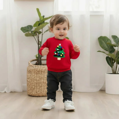 Kid's festive red sweater, Christmas tree design, soft cotton blend for cozy holiday wear.