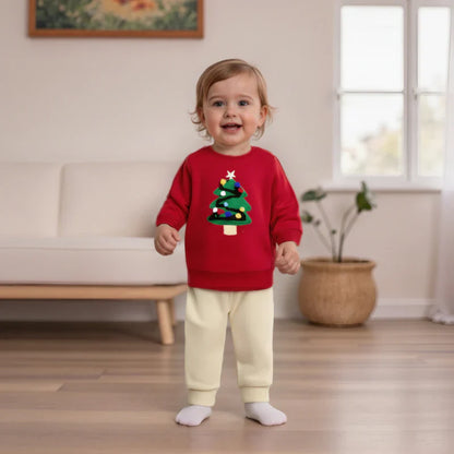 Embroidered red Christmas tree kids' sweater, perfect for holiday gatherings, warm children's top.