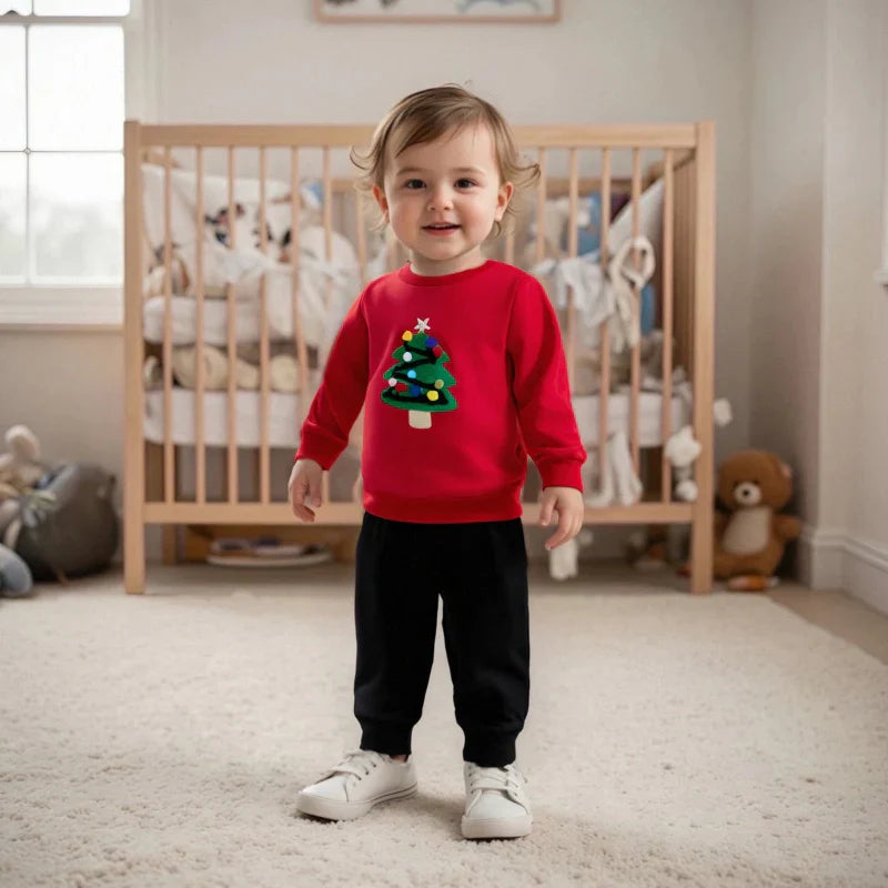 Vibrant red kids' pullover featuring a cheerful Christmas tree, cozy winter and holiday apparel.