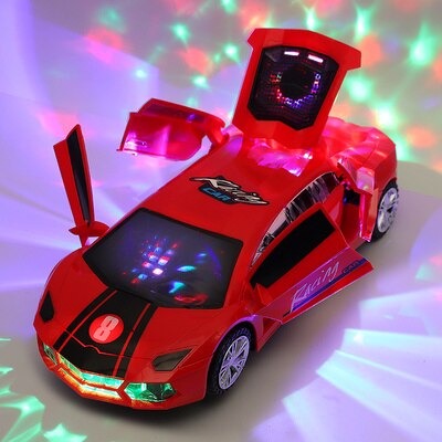 Angled view of a silver children's toy supercar, with bright flashing lights and motion