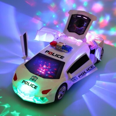 Front view of a white kids' moving supercar toy with flashing lights, durable and fun