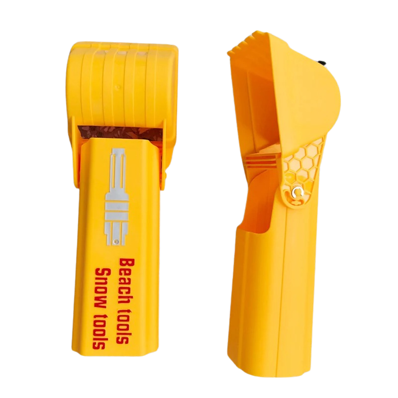 Vibrant yellow kids' handheld excavator beach toy, an educational tool for outdoor play.