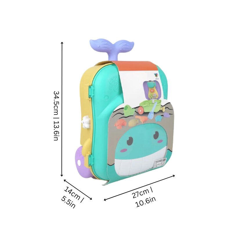 Blue beach cart for kids, filled with shovel, rake, and sand molds for active play