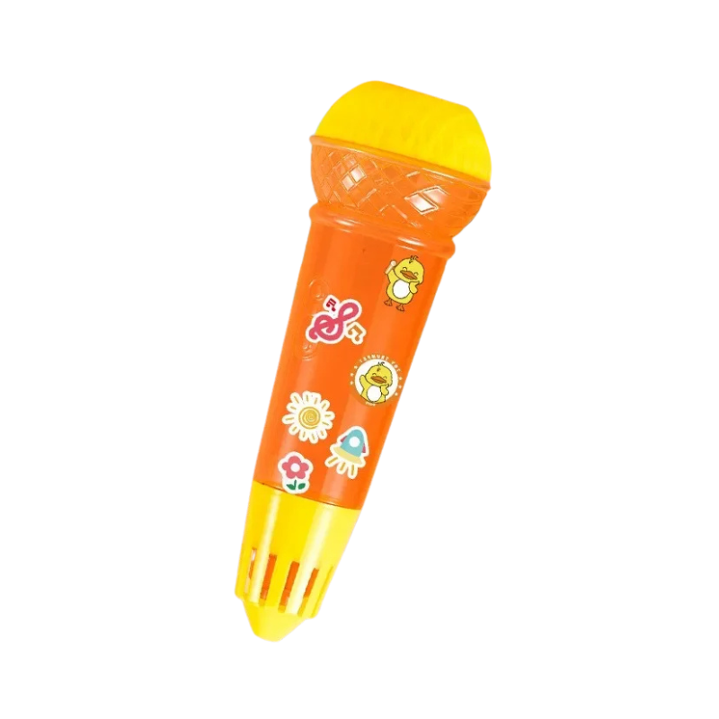 Close-up of a child's hand holding a yellow echo microphone, promoting musical development.