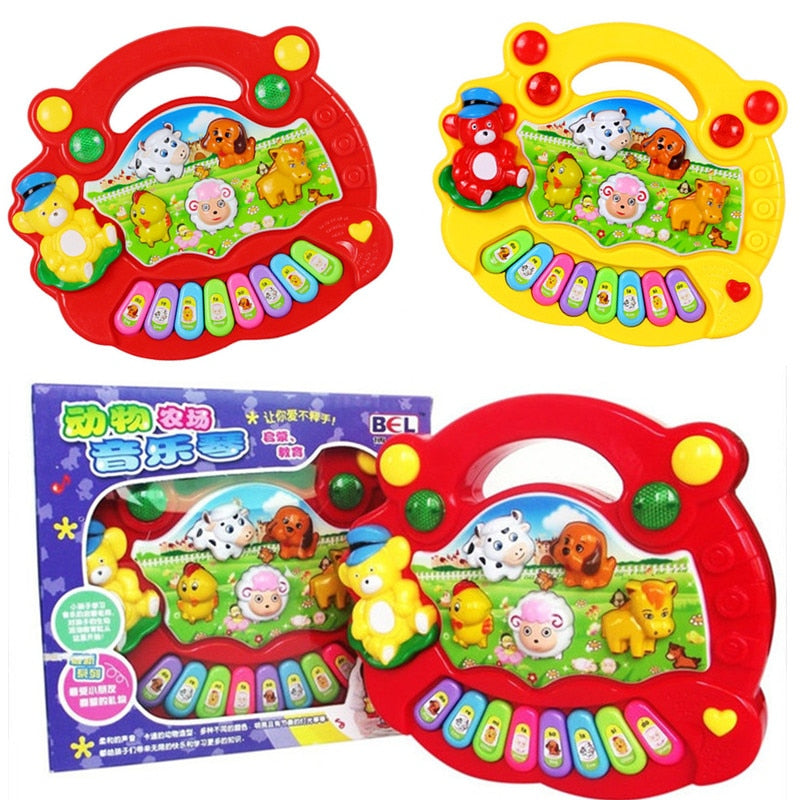 Red kids piano musical toy with animal sounds, educational for toddlers.