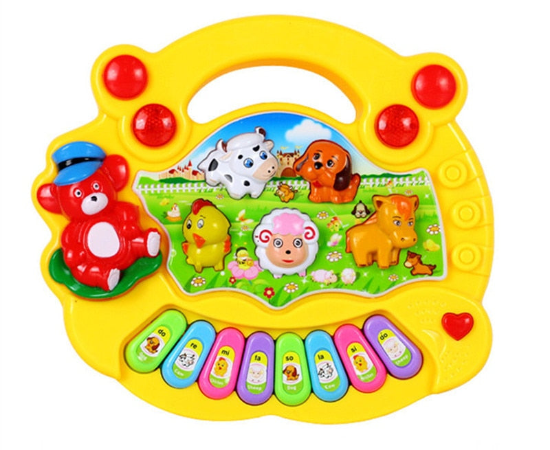 Yellow children's musical keyboard with animal buttons, developmental toy.