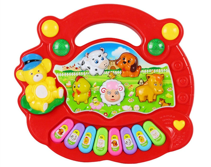 Kids animal piano sound toy in red and yellow, promotes early music learning.
