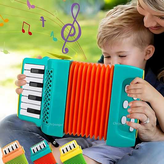 Red kids' portable mini accordion toy, perfect for toddler music education and creative play.