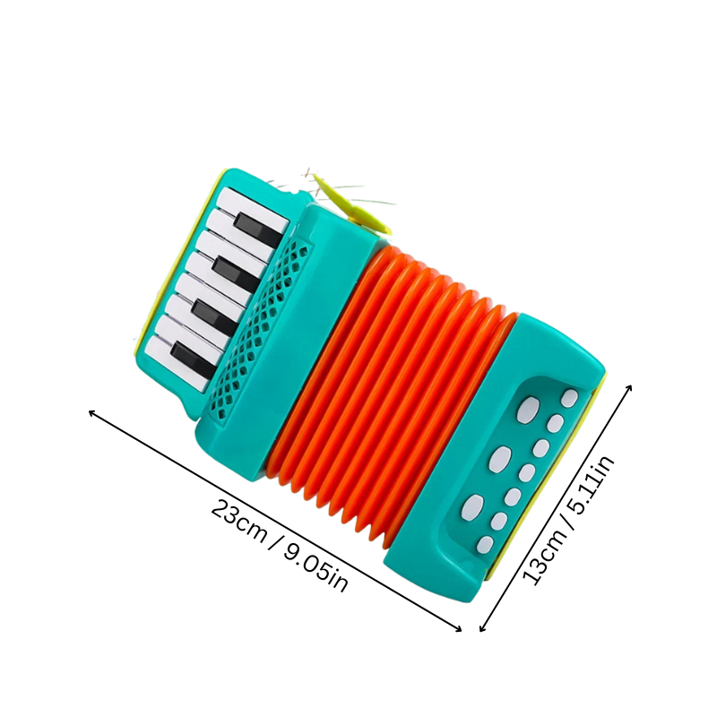 Small black accordion musical toy for children, ideal for learning and fun, with easy-to-use buttons.
