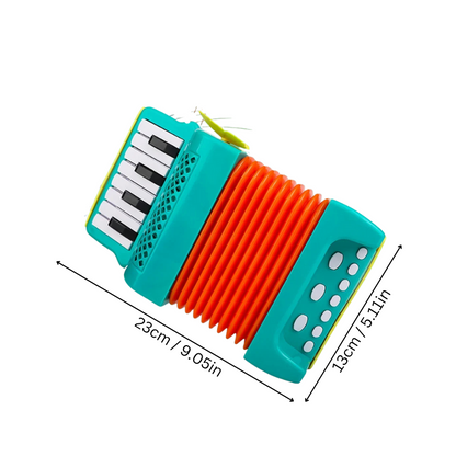 Small black accordion musical toy for children, ideal for learning and fun, with easy-to-use buttons.