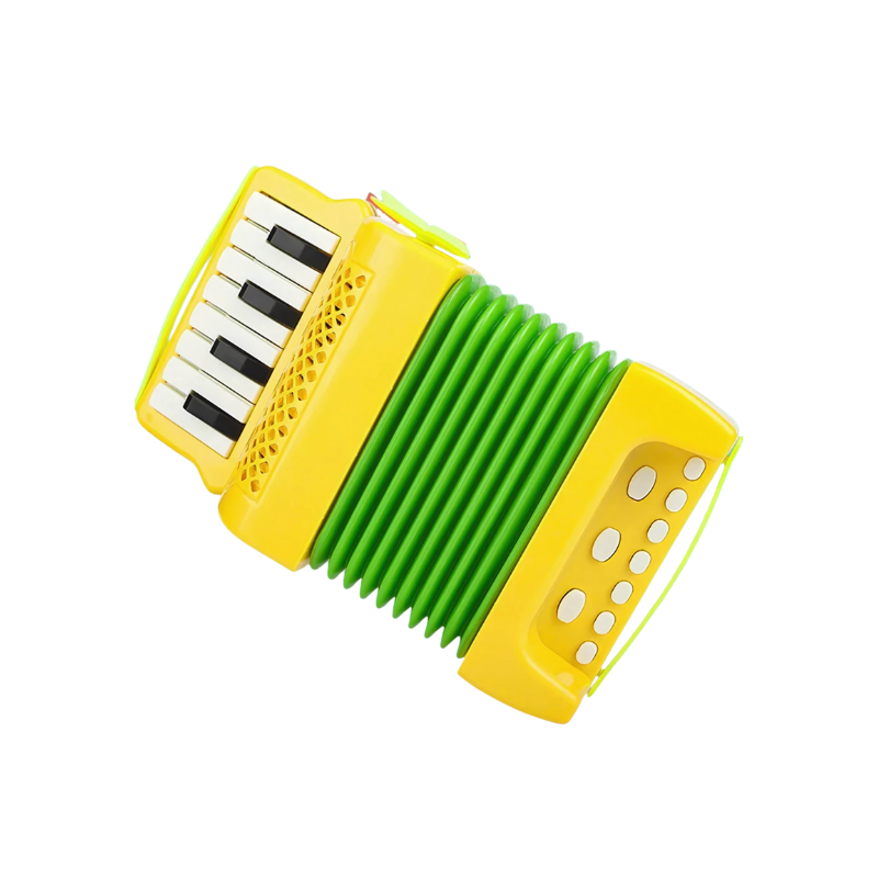 Close-up of a vibrant kids' accordion toy, showcasing its small size and musical keys for young learners.