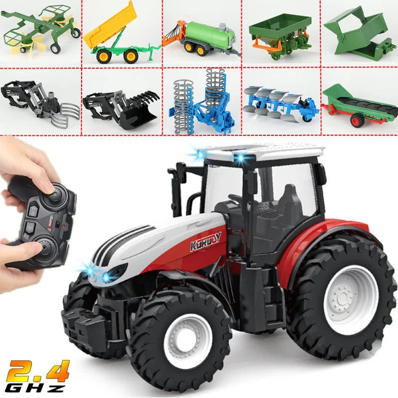 Red kids' RC tractor toy with LED headlights, perfect farm play vehicle for children.