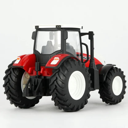 Close-up of a kids' RC tractor toy showing LED headlights, a great remote control play vehicle.