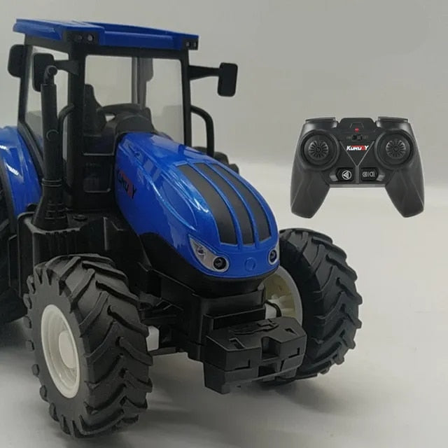 Blue kids' remote control tractor toy with LED headlights, ideal interactive farm play vehicle.